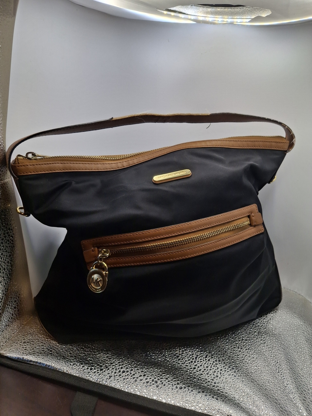 Fair Condition Michael Kors Black Nylon Shoulder Bag with Brown Trim